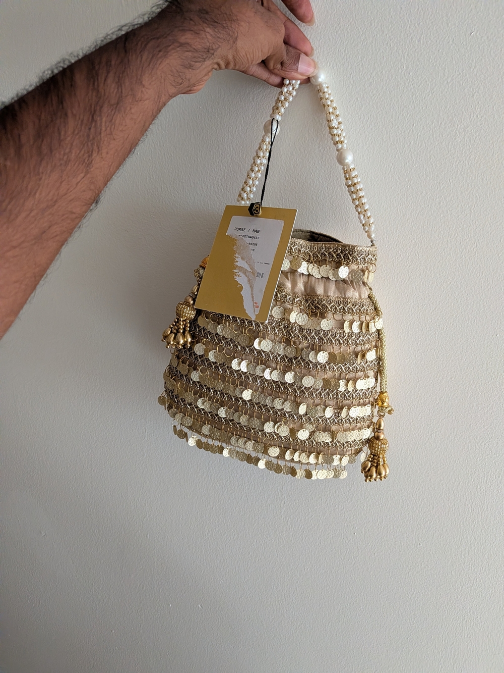Gold Sequin Drawstring Evening Wristlet with Pearl Handle